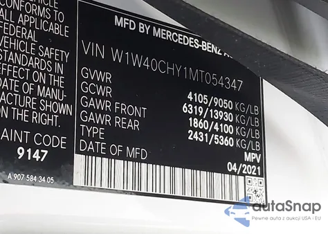 2021 Mercedes-Benz Sprinter 2500 High Roof I4 z USA, uszkodzony, nr VIN W1W40CHY1MT054347